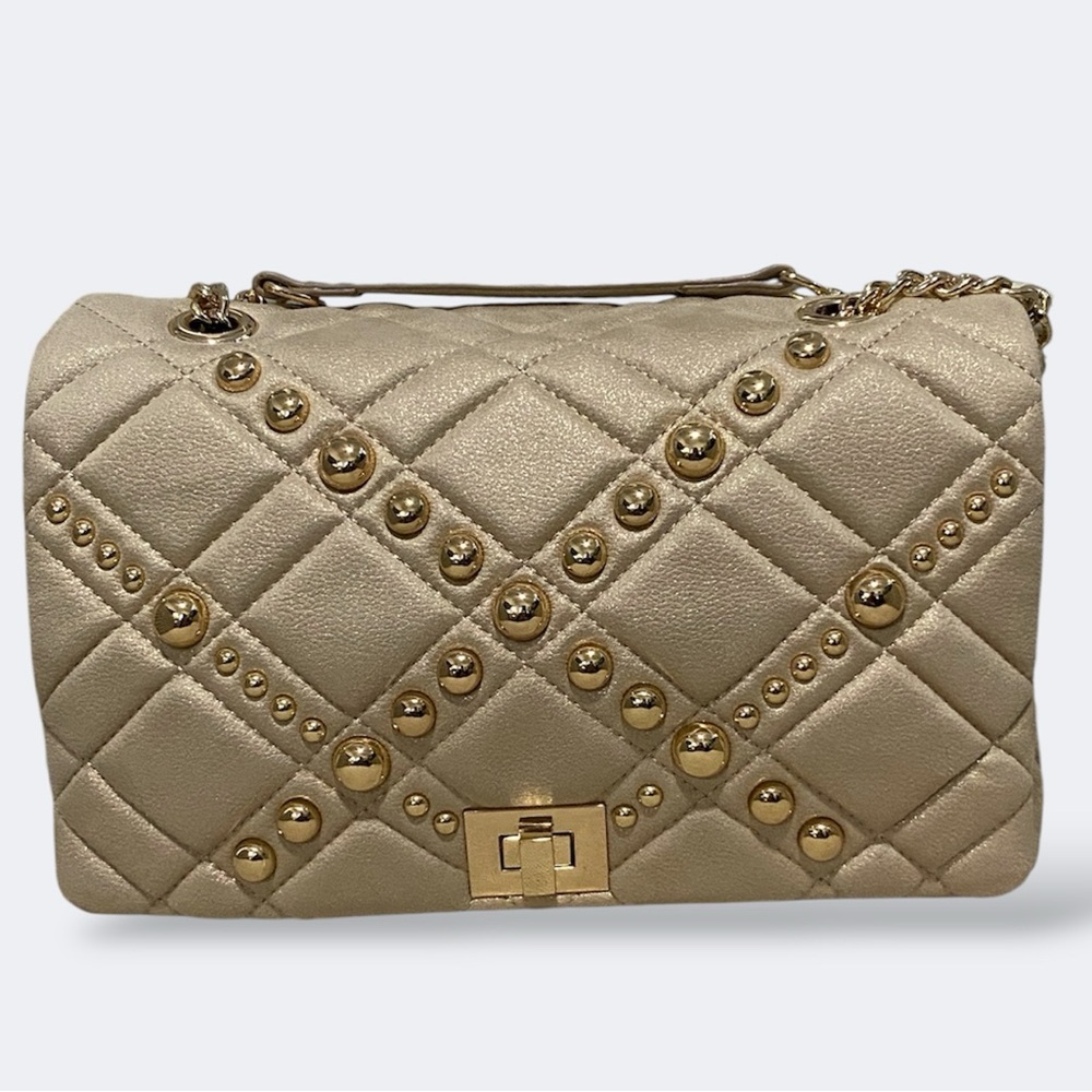 INC Pearl Champagne Shimmery Cream Soft Quilted Gold Studded Handbag Crossbody